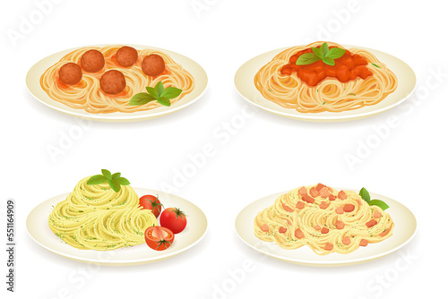 Set of spaghetti dishes isolated on white