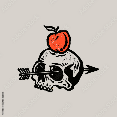 Vintage Grunge Hand Drawn Skull Design with Bow and Arrow Shooting at Apple on Head