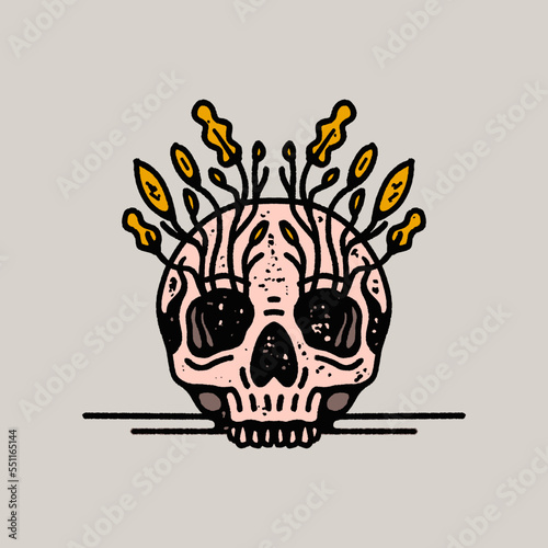 Vintage Grunge Hand Drawn Skull Design with Flowers and Leaves