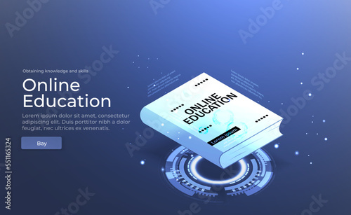 Digital vector illustration. Online education blue background or concept with earth planet. Online reading or courses. Online learning in digital classroom. Learning from anywhere in the world. Vector