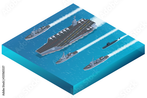 Isometric Carrier battle group. Naval fleet consisting of an aircraft carrier capital ship and its large number of escorts, together defining the group
