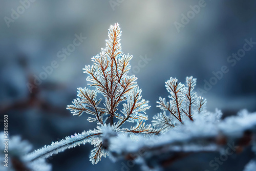 Wonderful fir tree branch covered with frost, blue background, AI generated image