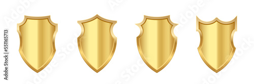 Gold shield set, realistic isolated golden trophy, 3d luxury safety protection emblems