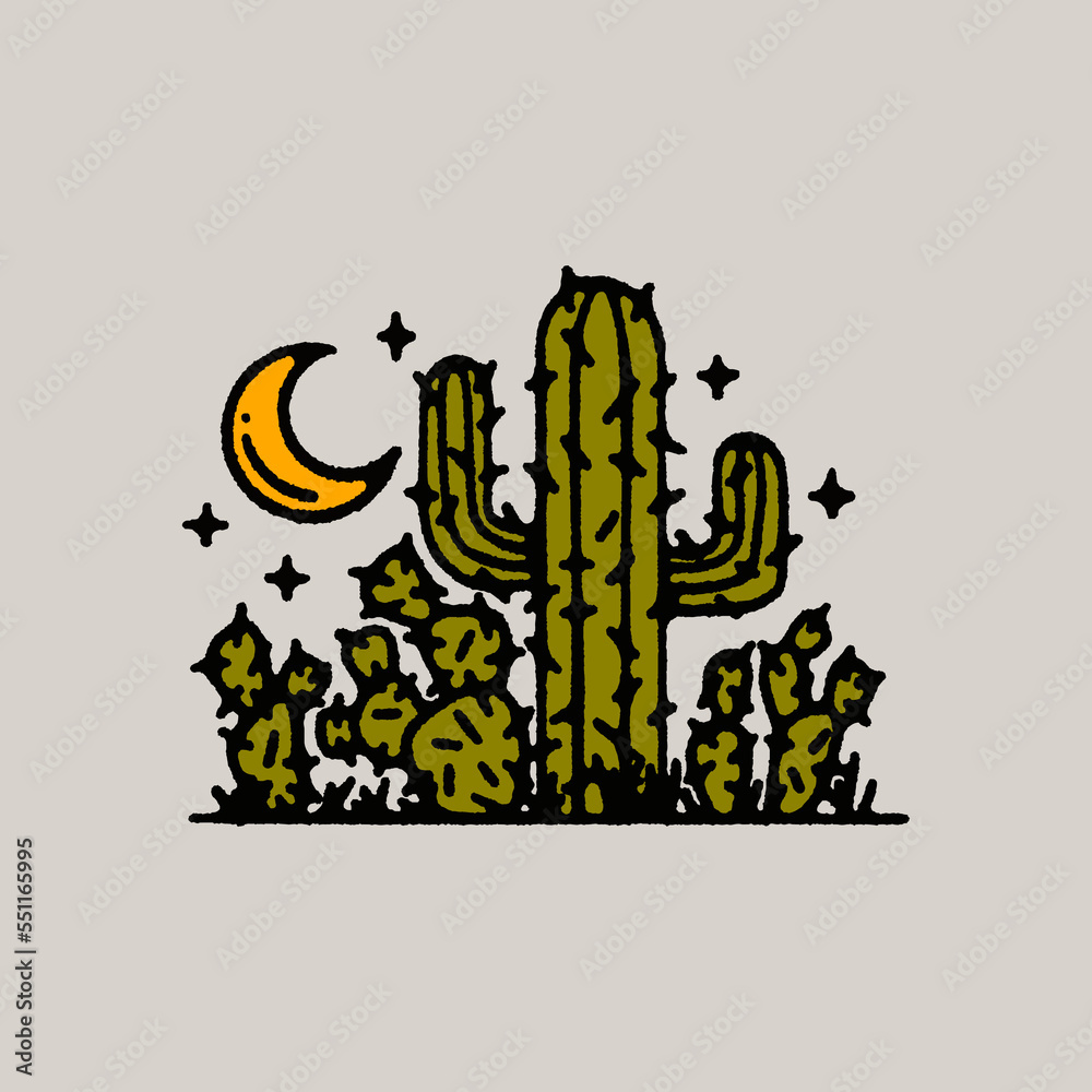 Vintage Western Country Desert Cactus, Stars and Moon Night Scene