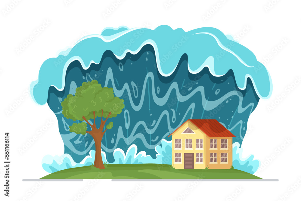 Naklejka premium Vector illustration of tsunami. Tsunami waves approaching the beach. Natural disaster. The flooded city.