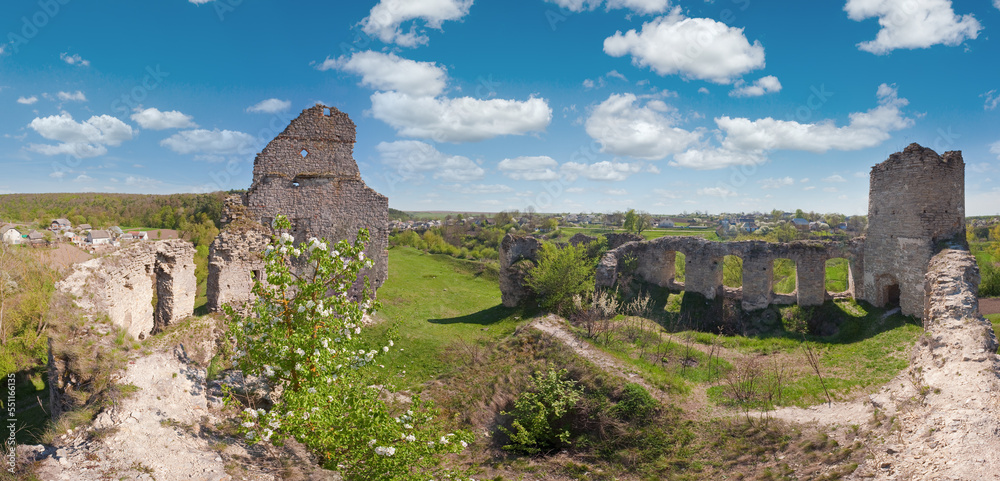 Spring view of Sydoriv Castle ruins (built in 1640s). Sydoriv village,  located 7 km south of Husiatyn town, Ternopil region, Ukraine.