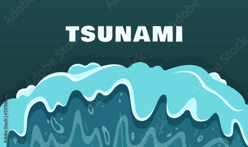 Vector illustration of tsunami banner. Dark blue banner. Concept on a white background. Large waves from the sea or ocean.