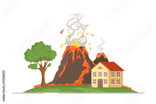 Vector illustration of the concept of a volcano in the city on a white background. Flat picture. Volcanic eruption with flowing lava.