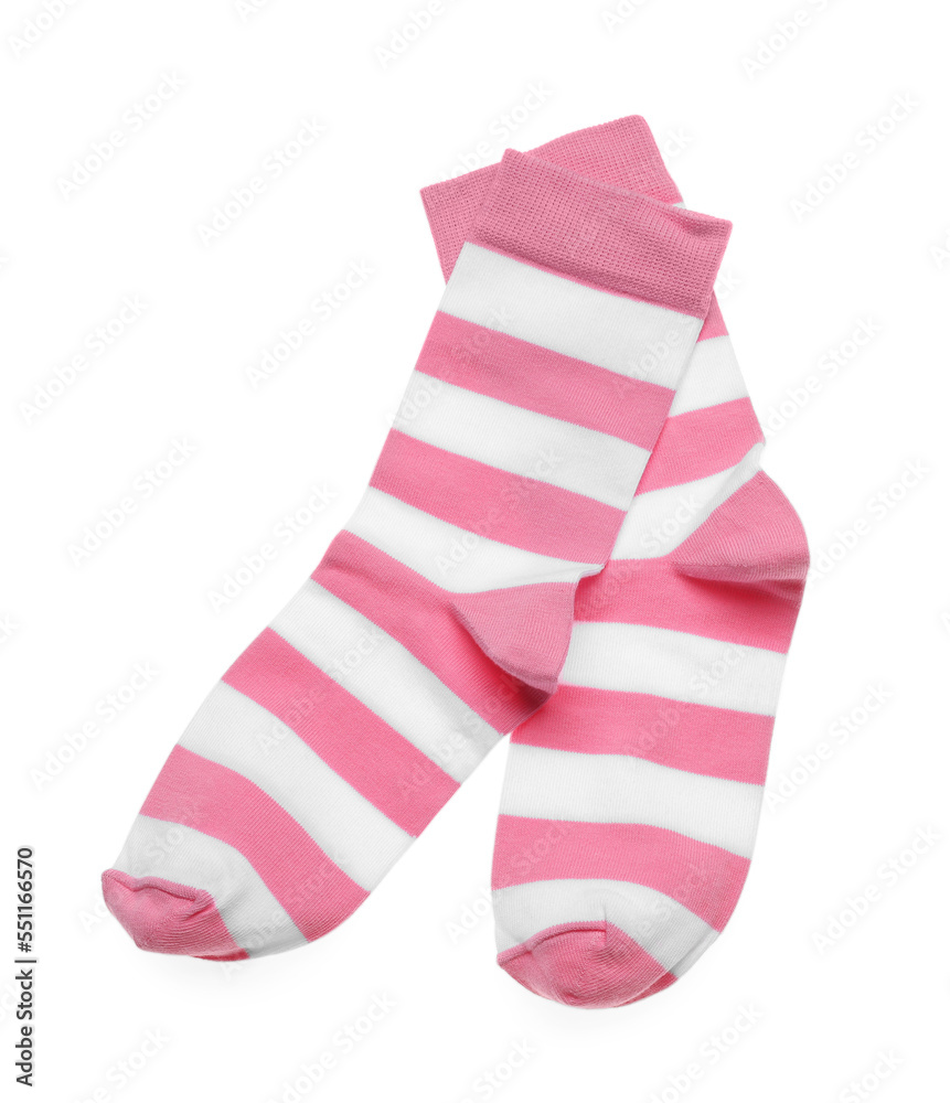 Striped socks on white background, top view Striped socks on white background, top view