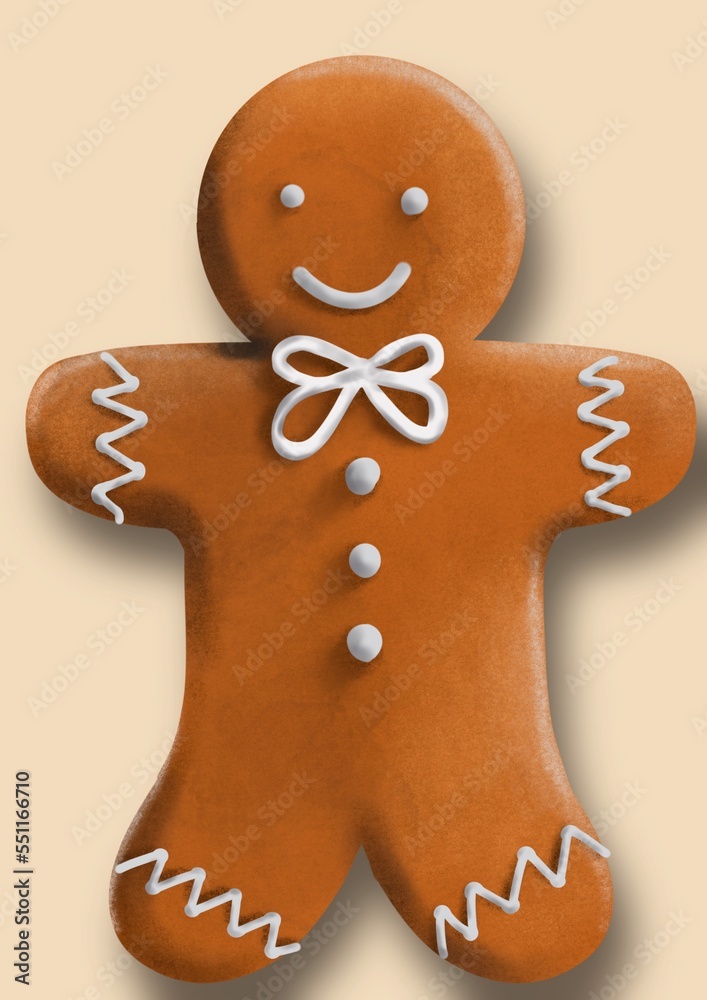 Christmas cookie, handmade drawing of Christmas cookies decorated in the shape of a person, hand drawn illustration.