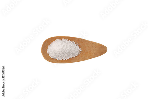 Sodium benzoate, sodium salt of benzoic acid on white background, top view. White crystalline powder, chemical formula C6H5COONa. Food additive E211 used as preservative photo