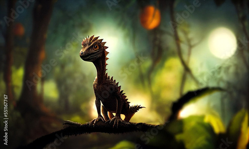 Cinematic scene. Cute little dinosaur in forest landscape.