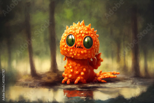 Cute orange monster in Fantasy of woods landscape with swamp.
