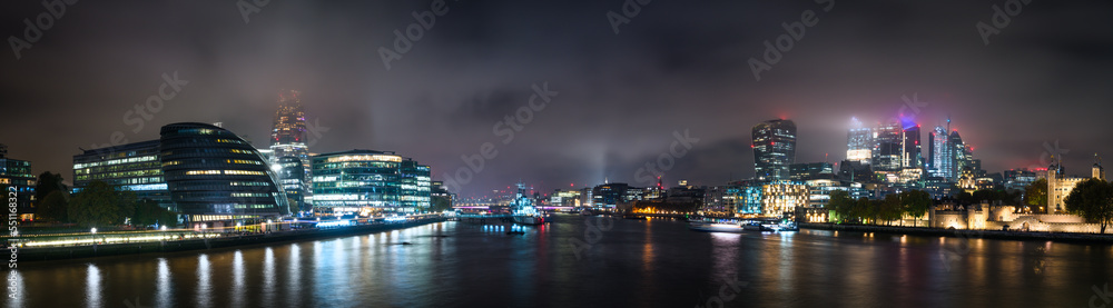 Night time skyline panorama of London financial district 