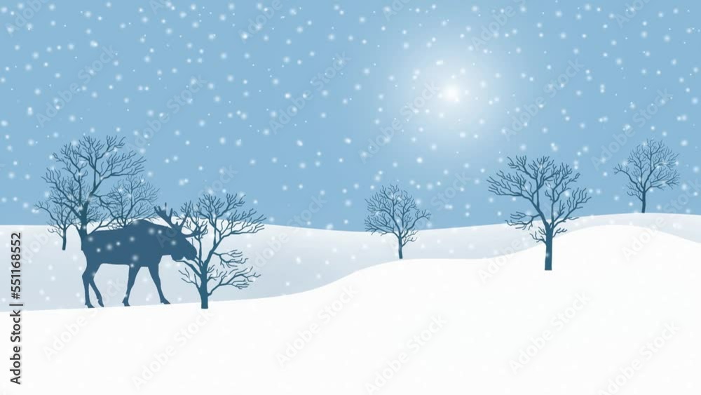 Winter landscape with snowfall, trees and moose, animation Winter landscape with snowfall, trees and moose, animation