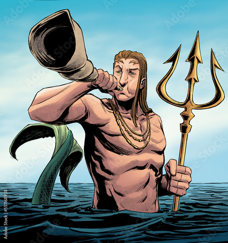 Triton blowing the shell and holding the trident over the water, Greek mythology, sea creature photo