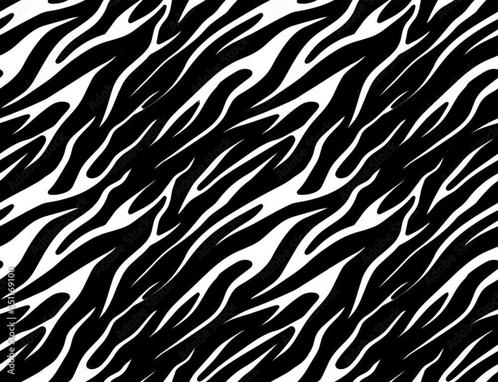 Full Seamless Zebra Tiger Pattern Textile Texture Print. Vector Background. Black white design for interior, clothes, bed linen, fabric, cover, wallpaper, fashion, kids clothing. Full Seamless Zebra Tiger Pattern Textile Texture Print. Vector Background. Black white design for interior, clothes, bed linen, fabric, cover, wallpaper, fashion, kids clothing.
