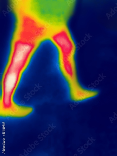 Walking feet. Modified image from thermal imager device.