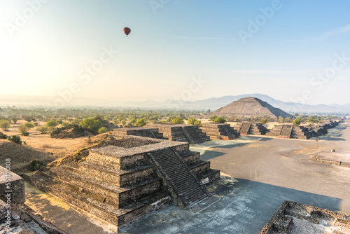 Pyramids of Teotihuacan and hot air ballon (nahuatl name) , ancient Mesoamerican city in Mexico, located in the Valley of Mexico, near of Mexico City -Teotihuacan pyramids Moon and Sun -Aztecs 