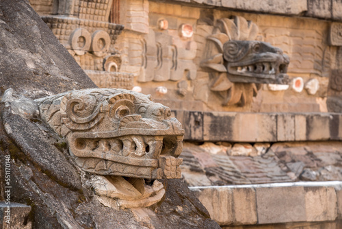 Detail of Temple of the Feathered Serpent or Temple of Quetzalcoatl (nahuatl name) , ancient Mesoamerican city in Mexico, located in the Valley of Mexico, near of Mexico City -Teotihuacan pyramids 