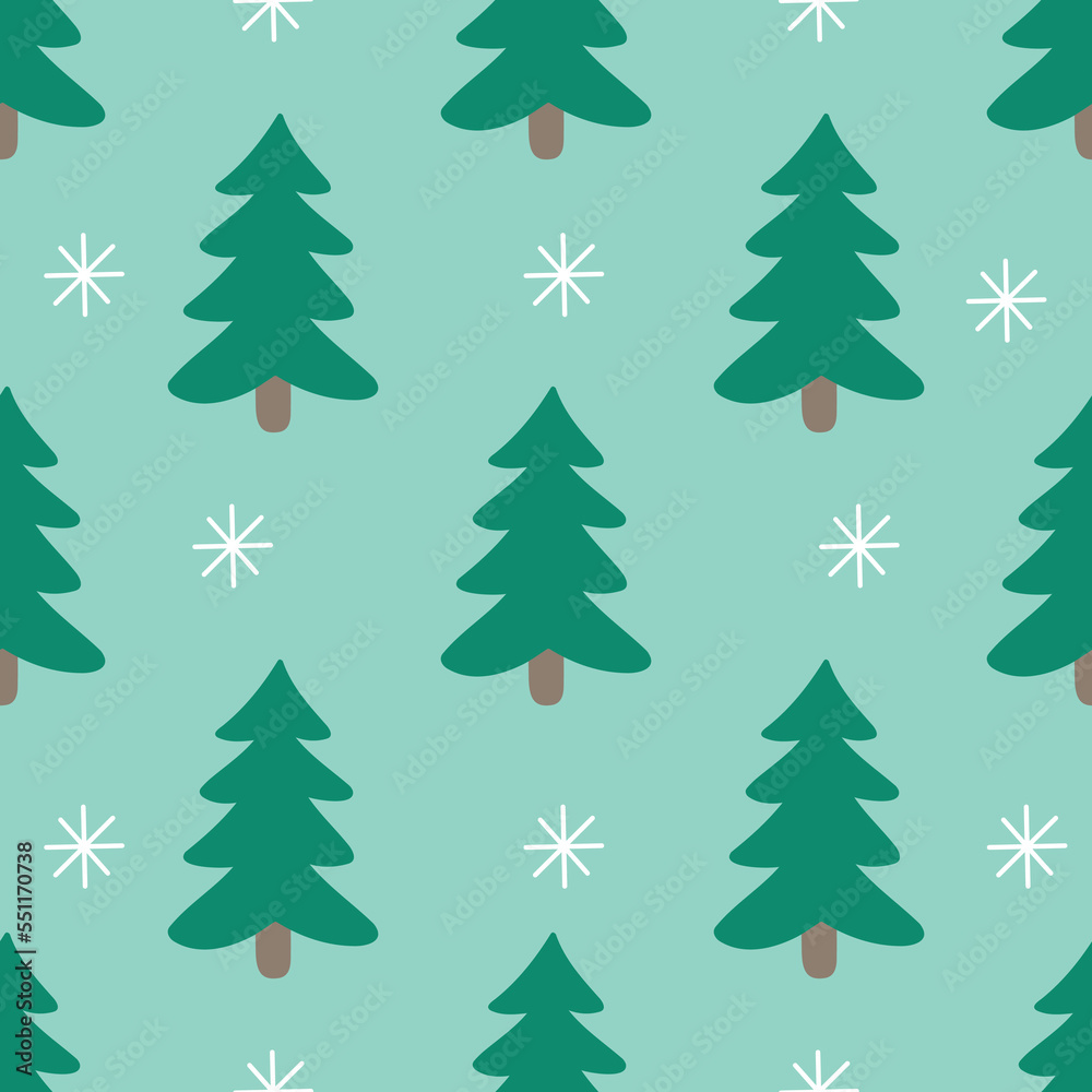 Cute winter Christmas trees pattern in cartoon style in vector. Design for winter decoration interior, print posters, greeting card, business banner, wrapping. 