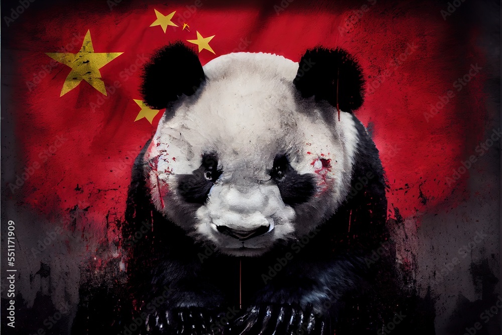 a panda bear with a chinese flag in the background with blood on its face  and chest. Generative AI ilustração do Stock | Adobe Stock