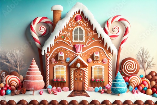  a gingerbread house with candy and candy canes on a table with a blue background and a blue sky. Generative AI