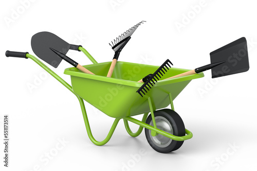 Foto Garden wheelbarrow with garden tools like shovel, rake and fork on white