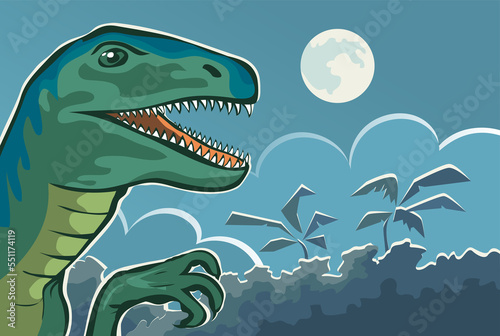 Ancient lizard velociraptor in the night forest. Predatory dinosaur of the Jurassic period. Prehistoric nature background. Cartoon art illustration hand drawn