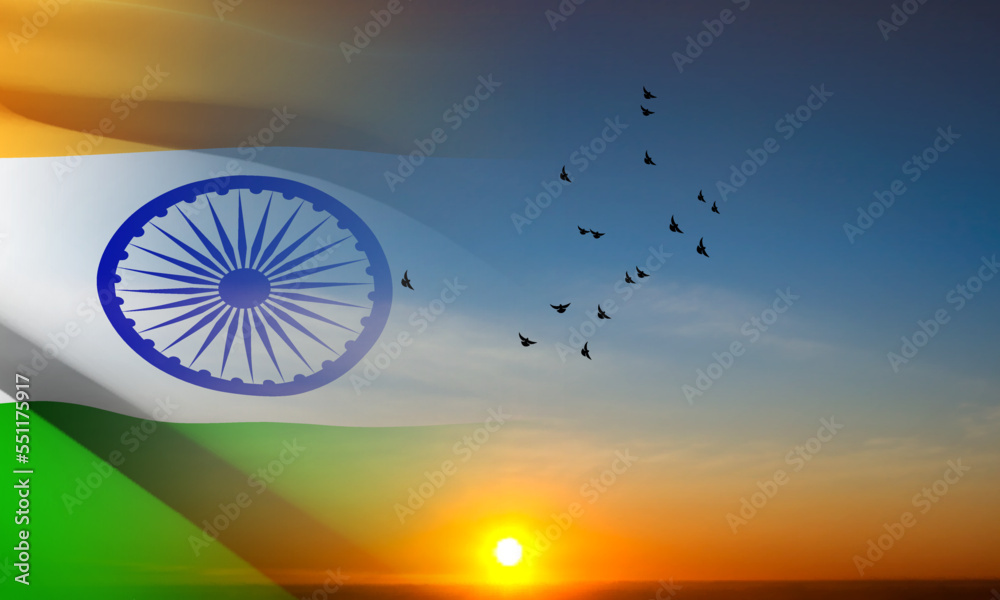 Tricolor Indian Flag on sunset. Background for National holidays with place for text
