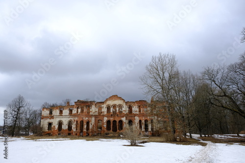 Ruins in the Palace and Park Ensemble. The ruins of the palace and houses made of high-quality, durable bricks. Destroyed during the war. Gostilitsy village, Lomonosovsky district, Leningrad region. R photo