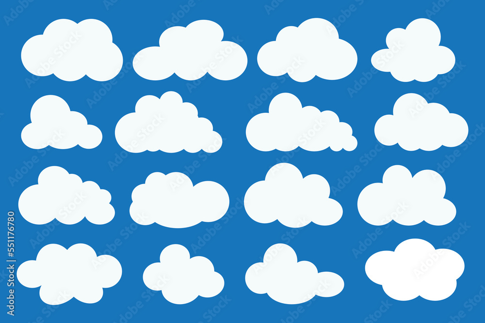 Cloud shapes. Clouds pack in flat style for design element in white without shadow.