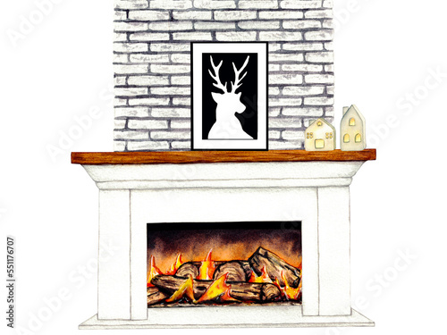 Watercolor illustration interior of living room with fireplace, decor. Clipart. Home decor elements on a white background.