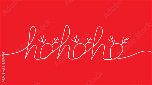 Ho-ho-ho phrase in one continuous line. Christmas slogan hand-drawn on a red background. Typography for holiday greeting postcard. Vector