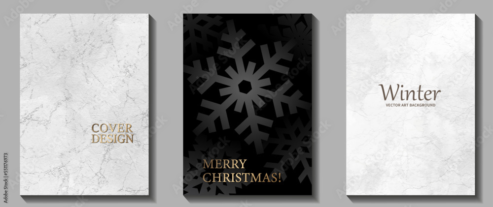 Black and white Christmas set background with snowflakes or cover design, cards, flyer, poster, banner. Christmas  illustration. Merry Christmas! Happy New Year! Winter luxury holiday template.