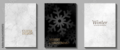 Black and white Christmas set background with snowflakes or cover design, cards, flyer, poster, banner. Christmas illustration. Merry Christmas! Happy New Year! Winter luxury holiday template.