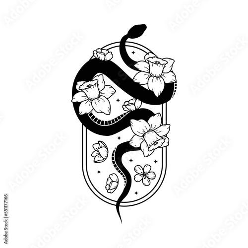 Floral snake. Black serpent in frame with flowers. Mystic animal tattoo. Spiritual vector illustration. Line art florals