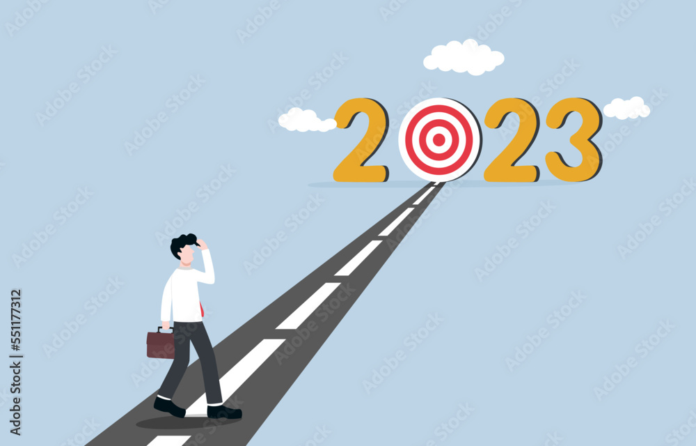 Business target in year 2023, aiming to reach new year goal, upcoming challenge or opportunity concept, Businessman on road to 2023 target. Business target in year 2023, aiming to reach new year goal, upcoming challenge or opportunity concept, Businessman on road to 2023 target.