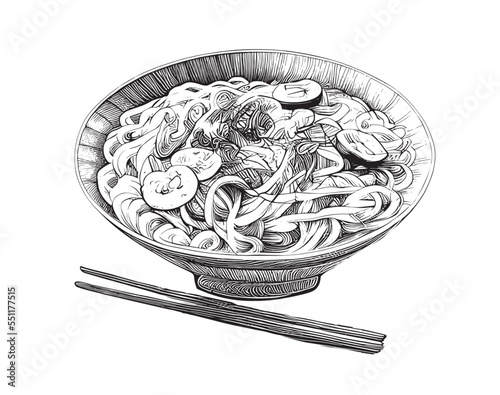 Asian noodles hand drawn engraving sketch Restaurant business concept Vector illustration.