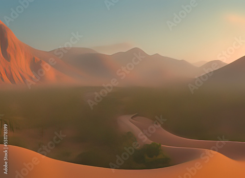 a winding road in a snowy desert with mountains in the background in a modern animated style