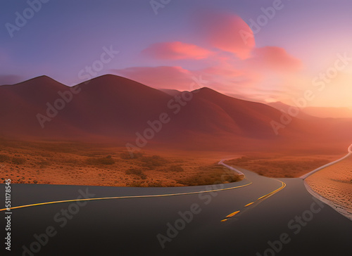 a winding road in a snowy desert with mountains in the background in a modern animated style © Fernando