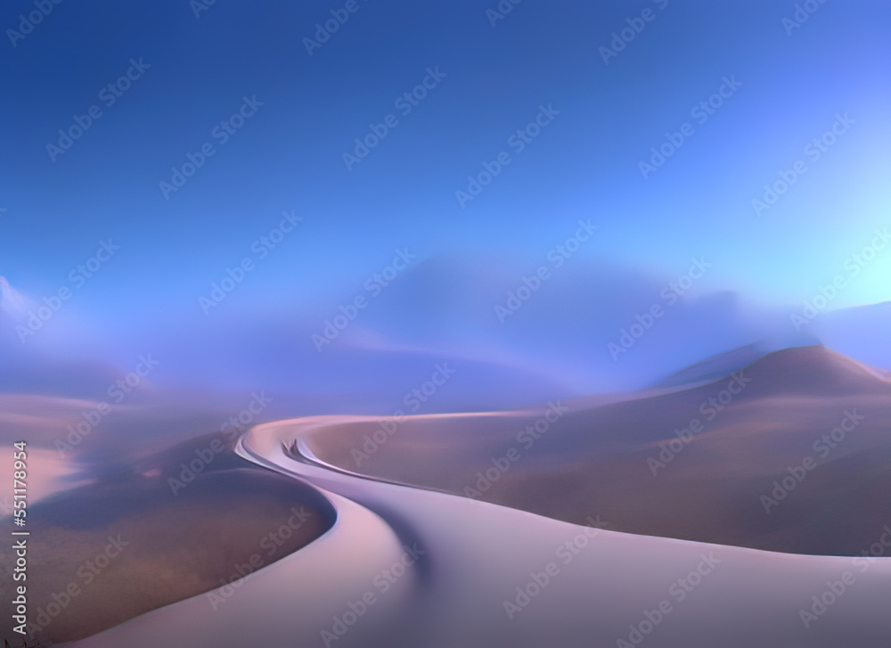 a winding road in a snowy desert with mountains in the background in a modern animated style