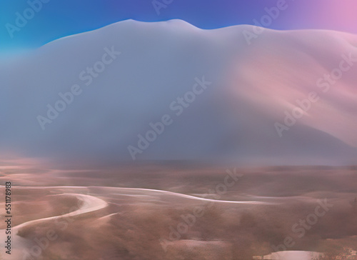 a winding road in a snowy desert with mountains in the background in a modern animated style