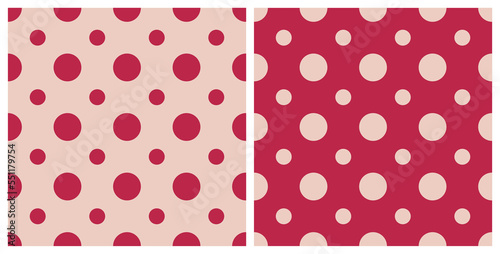 Trend color of the year 2023 Viva Magenta. Seamless polka dot pattern background. Design texture elements for fabric, tile, banner, template, card, cover, poster, backdrop, wall. Vector illustration.