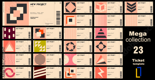 Mega collection.
Ticket vector templates layouts with abstract vector geometric shapes. Brutalist inspired graphics. Great for branding presentation, poster, cover, art, tickets, prints, etc. photo