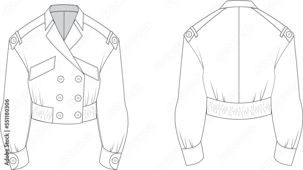 Outerwear double breasted leather jacket/ cropped trench coat. Back and front. Unisex. Outerwear double breasted leather jacket/ cropped trench coat. Back and front. Unisex.
