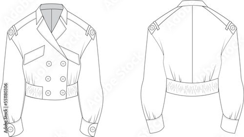 Outerwear double breasted leather jacket/ cropped trench coat. Back and front. Unisex.