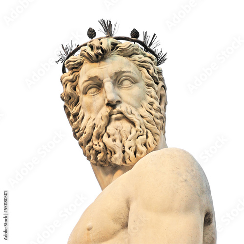 Head and torso of statue of Neptune in Firenze or Florence in Italy on transparant background, png