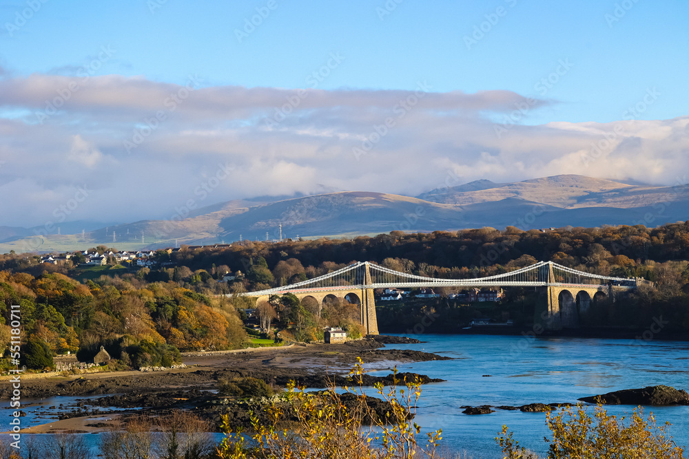 Menai Suspension Bridge. Menai Straits, Separating mainland Wales and the Island of Anglesey in North Wales, UK