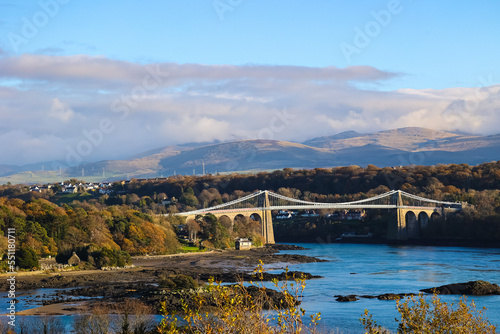 Menai Suspension Bridge. Menai Straits, Separating mainland Wales and the Island of Anglesey in North Wales, UK
